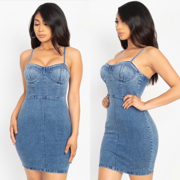 ‼️ Denim Jean Bra Cup Fitted Stretch Mini Dress - Picture 2 of 8